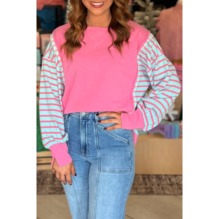 Rose Stripe Color Block Patchwork Relaxed Split Long Sleeve Top Tops/Long Sleeve Tops