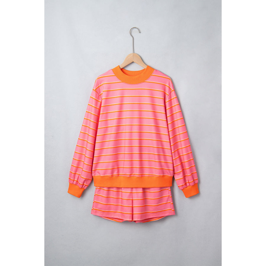 Rose Stripe Color Block Trim Long Sleeve Pullover Pocketed Shorts 2pcs Set Two Piece Sets/Short Sets