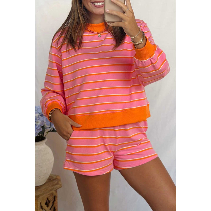 Rose Stripe Color Block Trim Long Sleeve Pullover Pocketed Shorts 2pcs Set Two Piece Sets/Short Sets