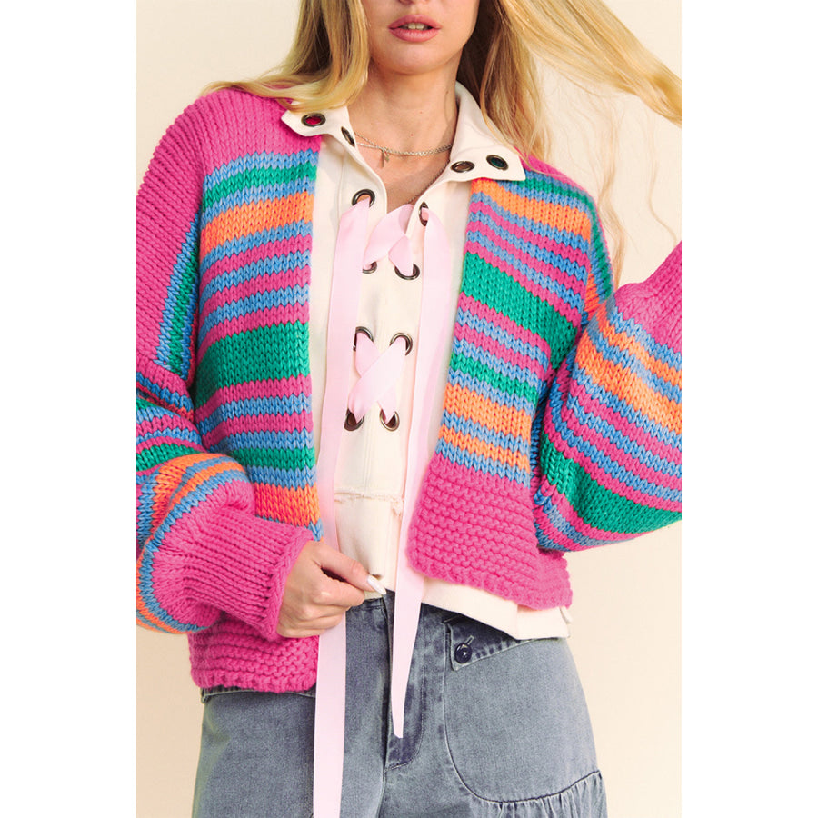 Rose Stripe Colorful Puff Sleeve Drop Shoulder Loose Cardigan Rose Stripe / S / 100% Acrylic Sweaters & Cardigans/Cardigans