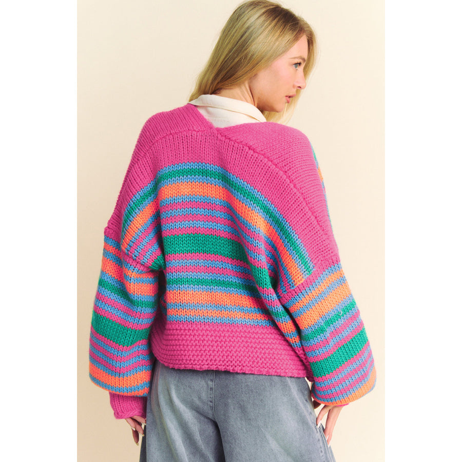Rose Stripe Colorful Puff Sleeve Drop Shoulder Loose Cardigan Sweaters & Cardigans/Cardigans