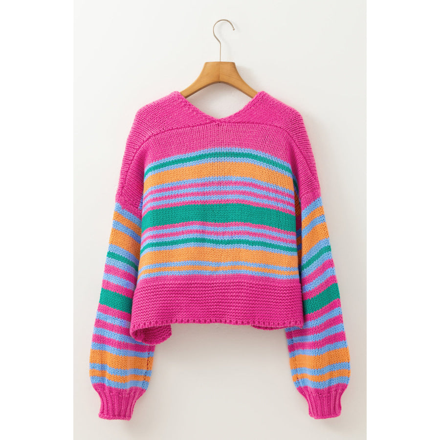 Rose Stripe Colorful Puff Sleeve Drop Shoulder Loose Cardigan Sweaters & Cardigans/Cardigans