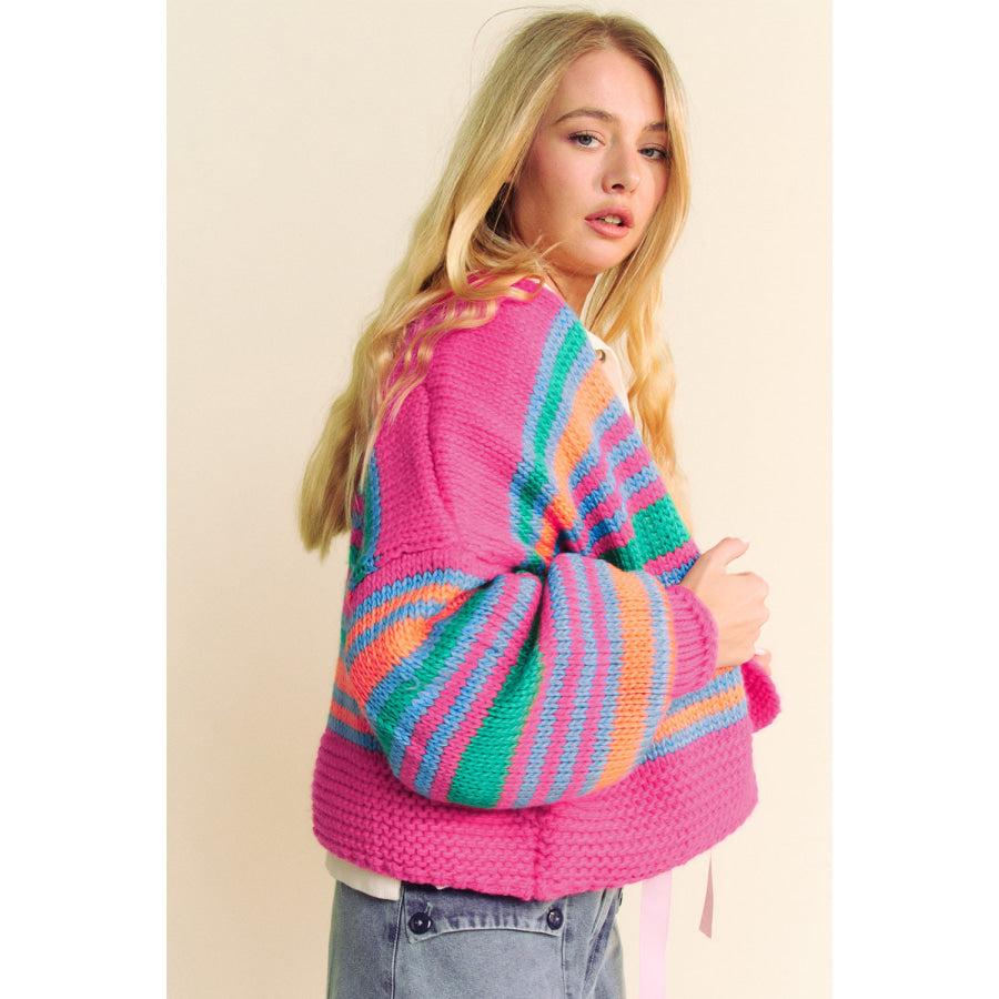 Rose Stripe Colorful Puff Sleeve Drop Shoulder Loose Cardigan Sweaters & Cardigans/Cardigans
