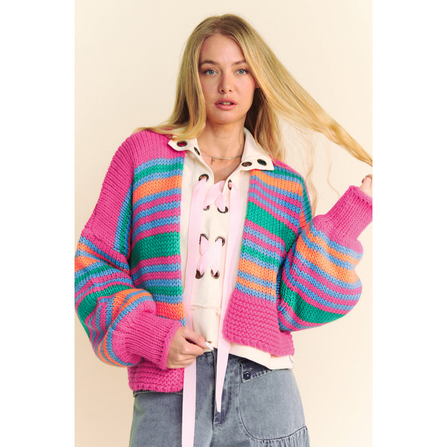 Rose Stripe Colorful Puff Sleeve Drop Shoulder Loose Cardigan Sweaters & Cardigans/Cardigans
