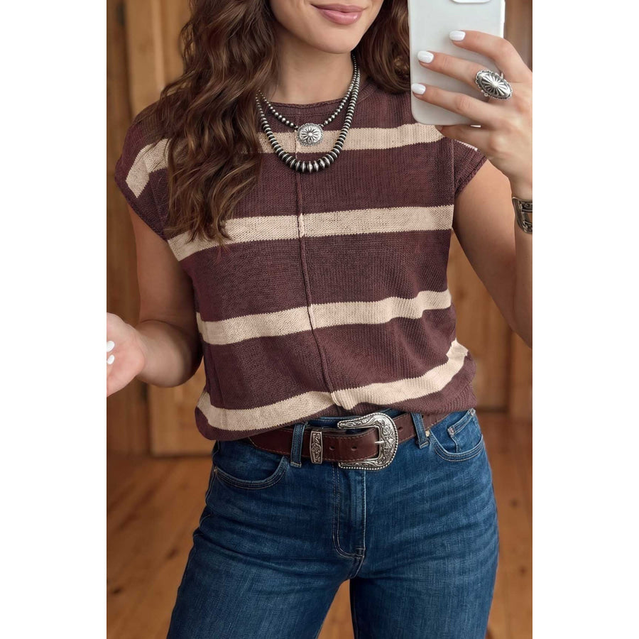Rose Stripe Knit Western Short Sleeve Sweater Brown Stripe / S / 55% Acrylic + 45% Cotton Sweaters & Cardigans/Short Sleeve Sweaters