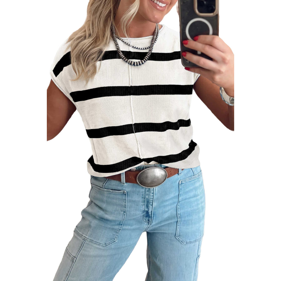 Rose Stripe Knit Western Short Sleeve Sweater Sweaters & Cardigans/Short