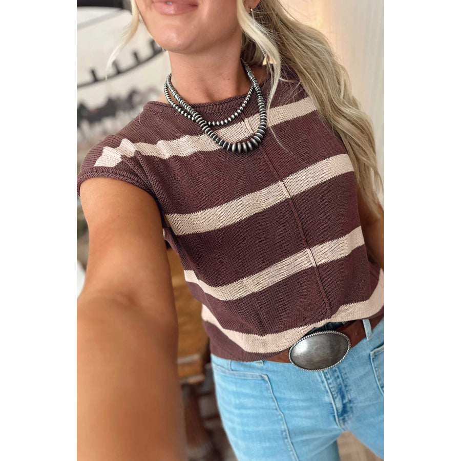 Rose Stripe Knit Western Short Sleeve Sweater Sweaters & Cardigans/Short Sleeve Sweaters