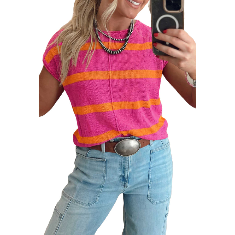 Rose Stripe Knit Western Short Sleeve Sweater Sweaters & Cardigans/Short