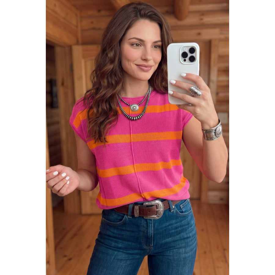 Rose Stripe Knit Western Short Sleeve Sweater Sweaters & Cardigans/Short Sleeve Sweaters