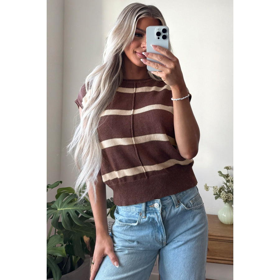 Rose Stripe Knit Western Short Sleeve Sweater Sweaters & Cardigans/Short