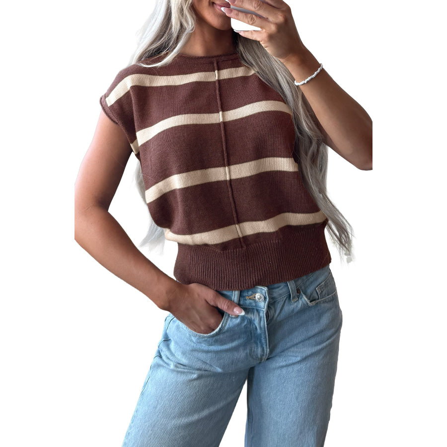 Rose Stripe Knit Western Short Sleeve Sweater Sweaters & Cardigans/Short