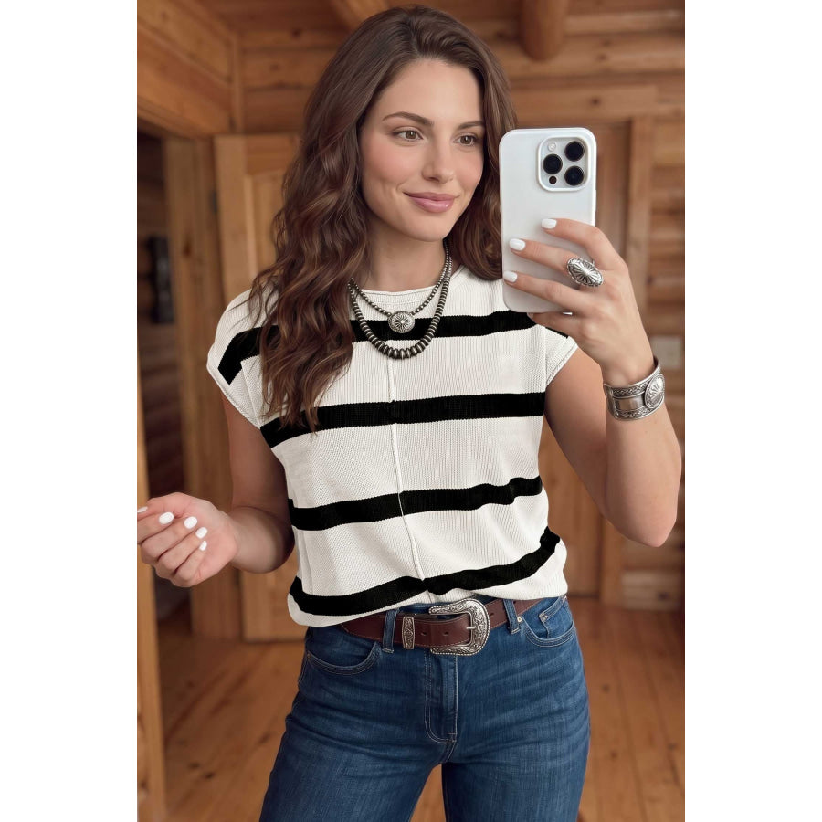 Rose Stripe Knit Western Short Sleeve Sweater Sweaters & Cardigans/Short Sleeve Sweaters