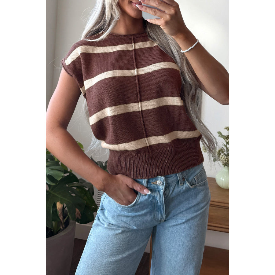 Rose Stripe Knit Western Short Sleeve Sweater Sweaters & Cardigans/Short