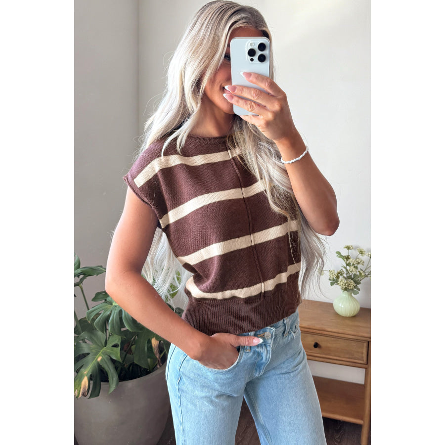 Rose Stripe Knit Western Short Sleeve Sweater Sweaters & Cardigans/Short