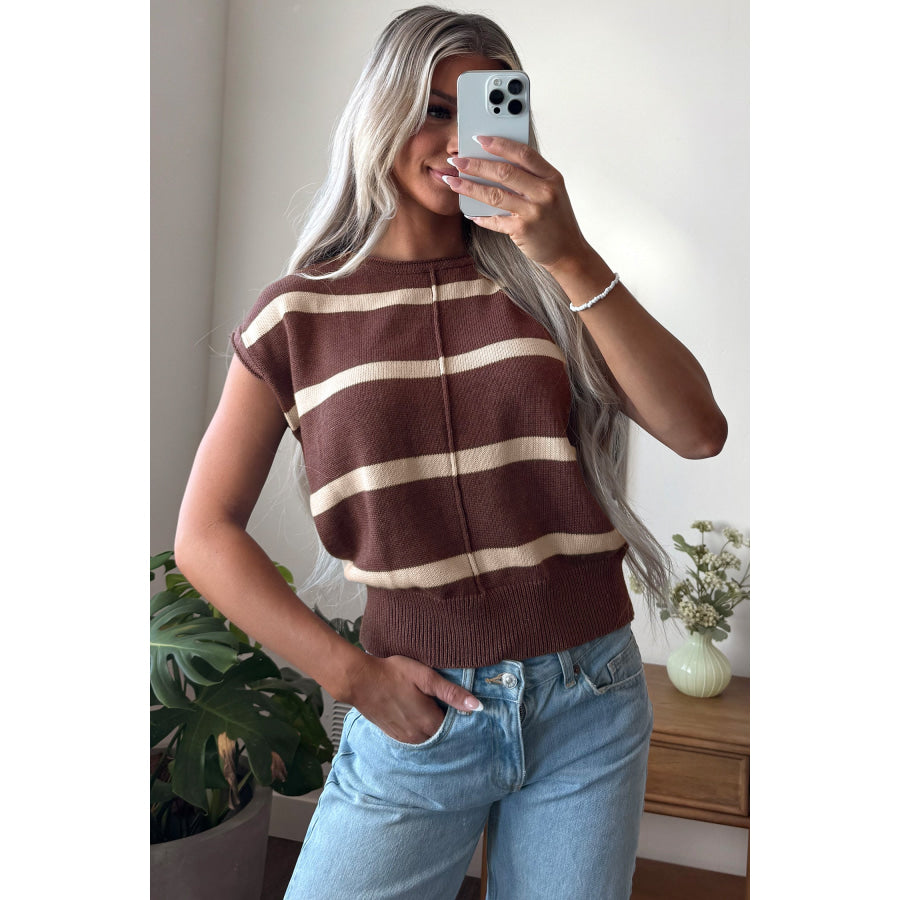 Rose Stripe Knit Western Short Sleeve Sweater Sweaters & Cardigans/Short