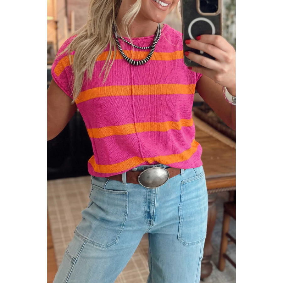 Rose Stripe Knit Western Short Sleeve Sweater Sweaters & Cardigans/Short Sleeve Sweaters