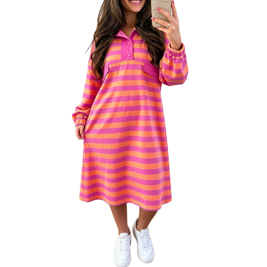 Rose Stripe Long Sleeve Polo Neck Midi Dress Dresses/Midi Dresses