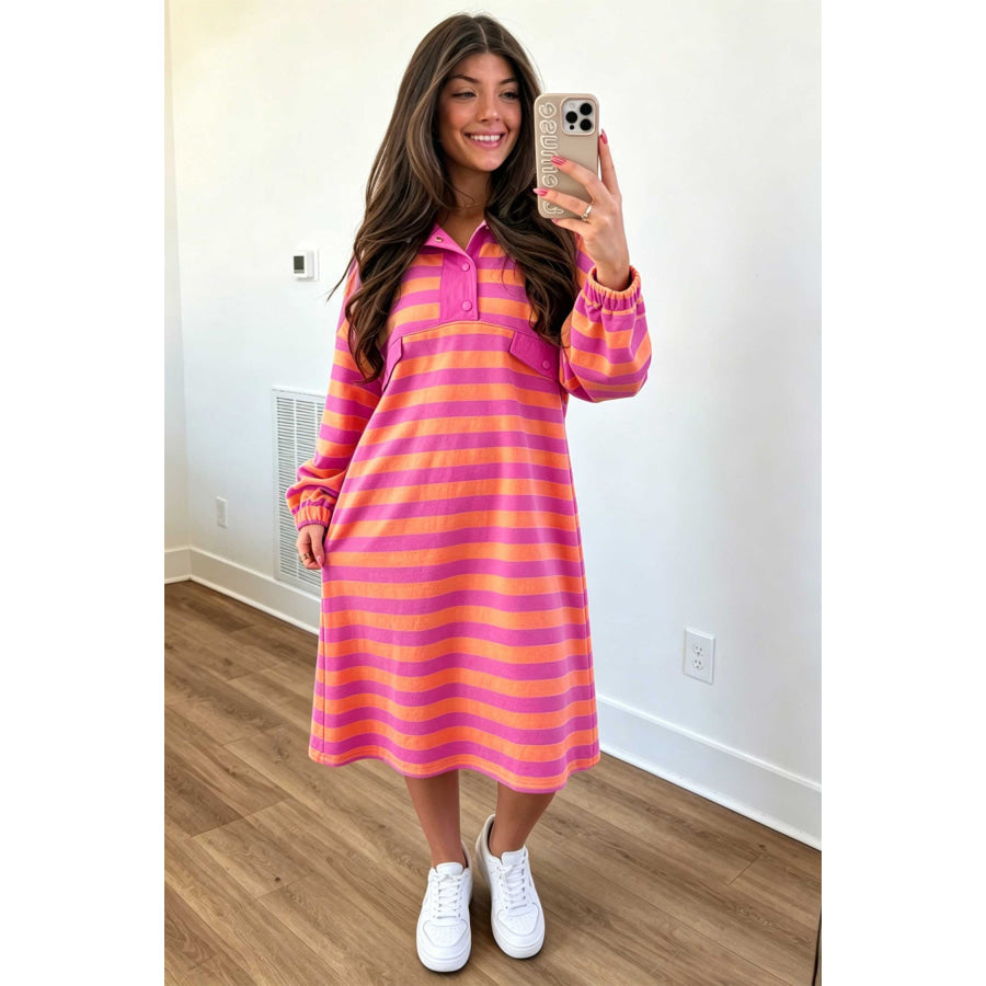 Rose Stripe Long Sleeve Polo Neck Midi Dress / S Dresses/Midi Dresses