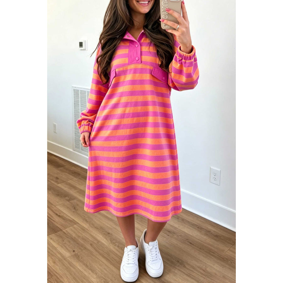 Rose Stripe Long Sleeve Polo Neck Midi Dress / S Dresses/Midi Dresses
