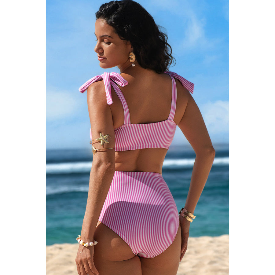 Rose Stripe Print Knot Straps 2pcs High Waist Bikini Swimsuit Rose Stripe / XS / 85% Polyester + 15% Elastane Swimwear/Bikinis