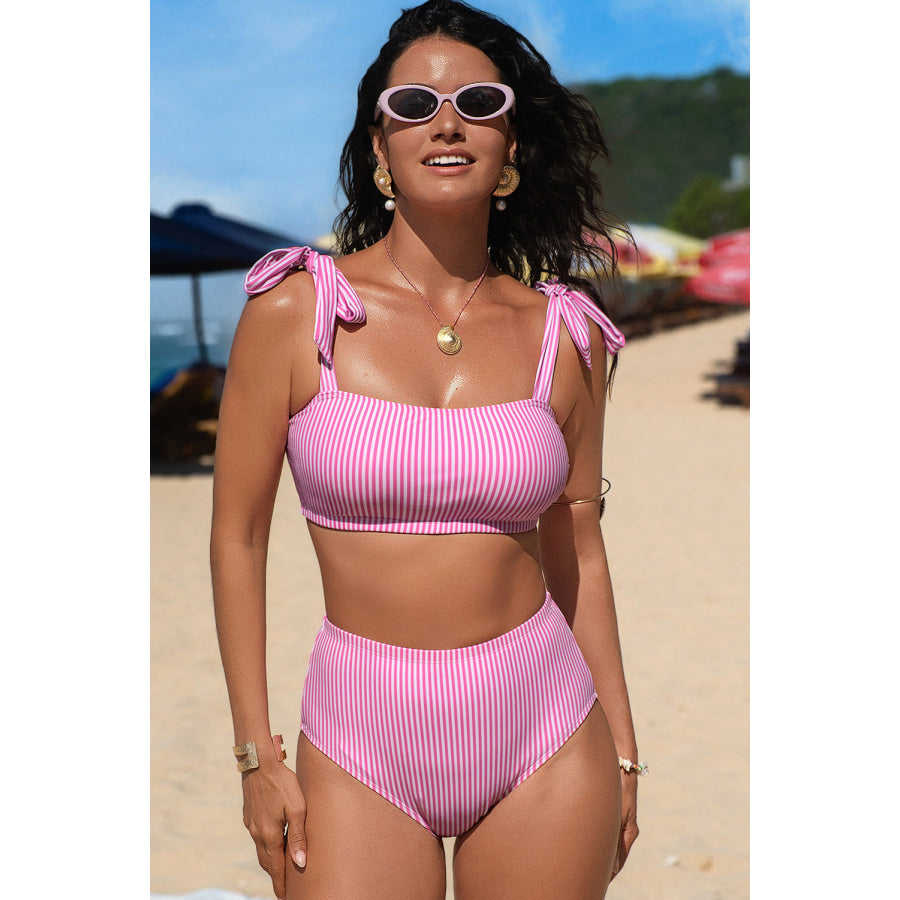 Rose Stripe Print Knot Straps 2pcs High Waist Bikini Swimsuit Swimwear/Bikinis