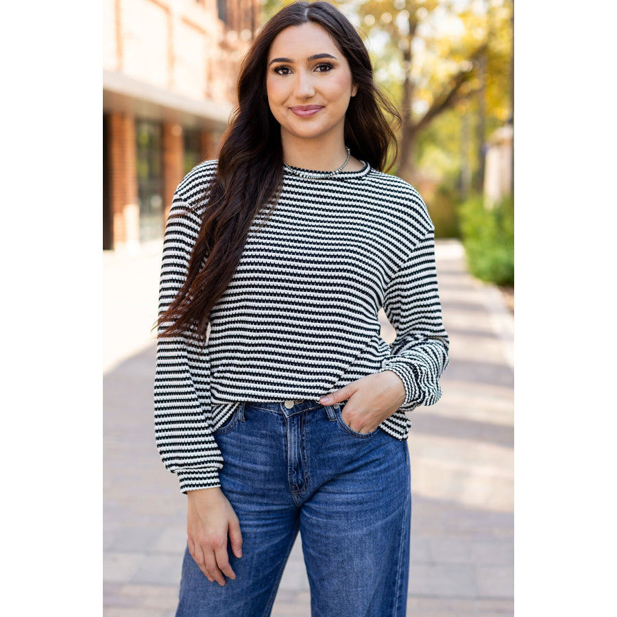 Rose Stripe Round Neck Drop Shoulder Long Sleeve Top Black Stripe / S / 97% Polyester + 3% Elastane Tops/Long Sleeve Tops