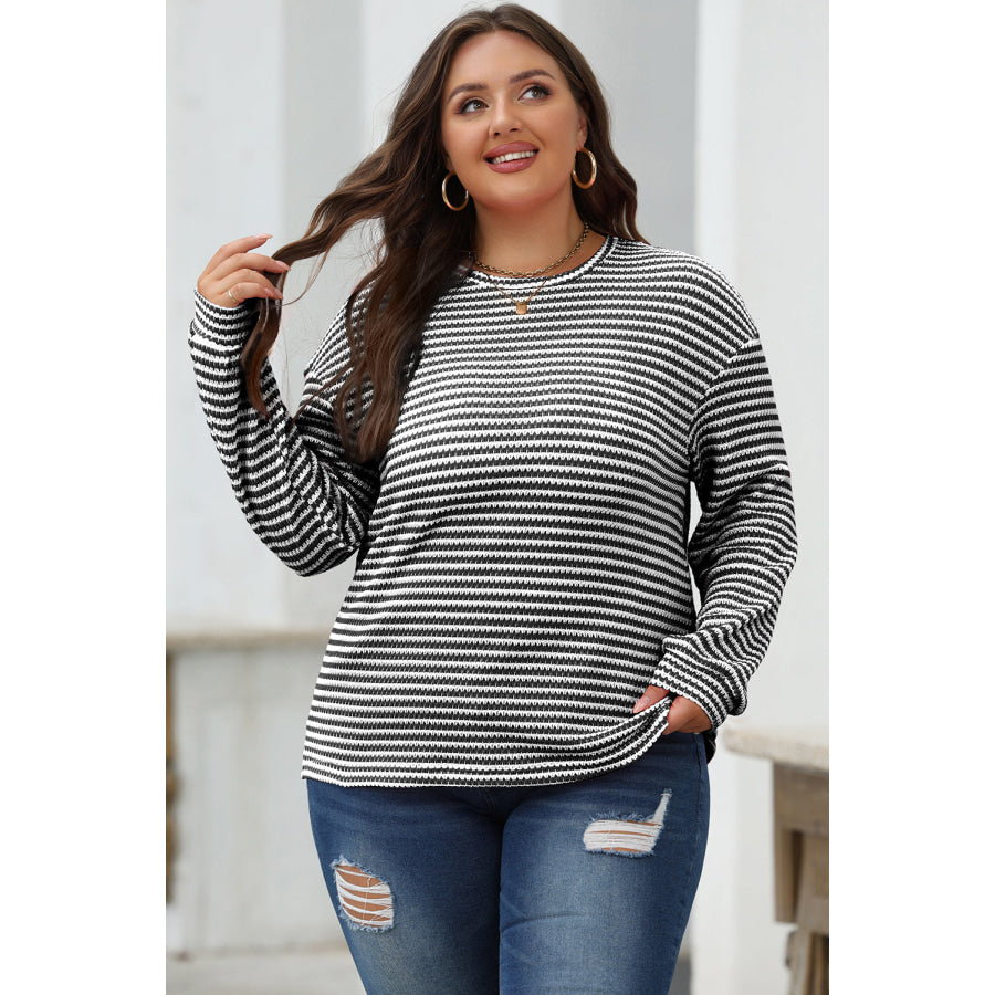 Rose Stripe Round Neck Drop Shoulder Long Sleeve Top Tops/Long Sleeve Tops