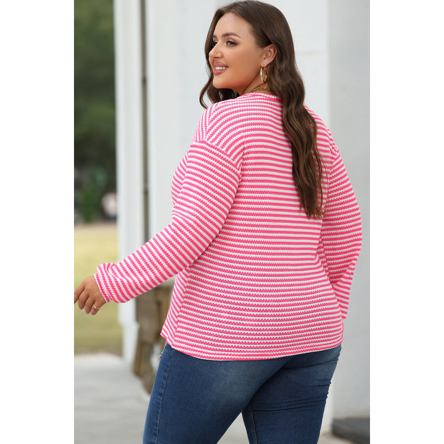 Rose Stripe Round Neck Drop Shoulder Long Sleeve Top Tops/Long Sleeve Tops