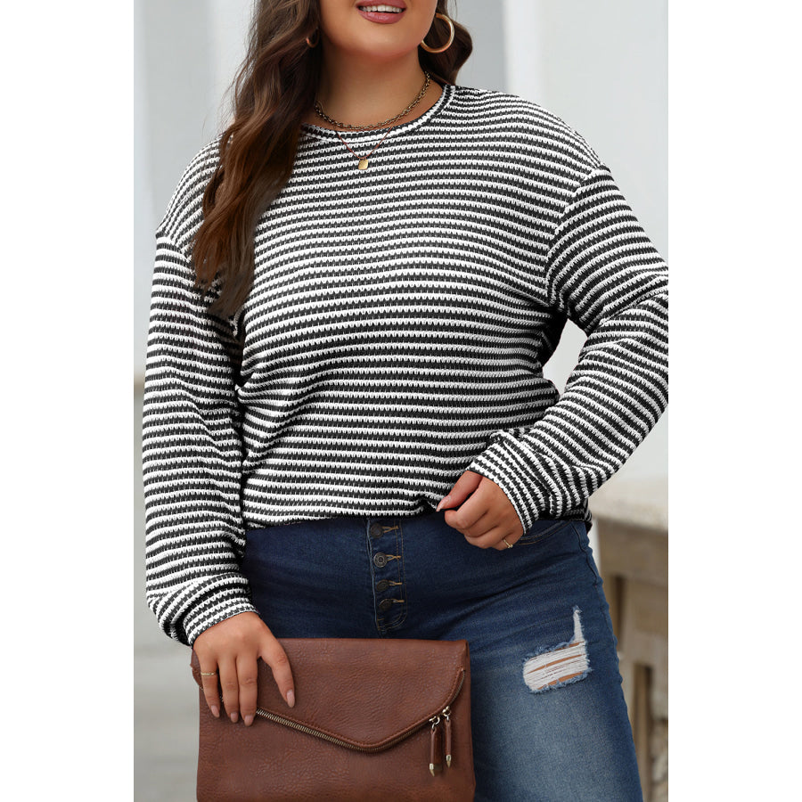 Rose Stripe Round Neck Drop Shoulder Long Sleeve Top Tops/Long Sleeve Tops