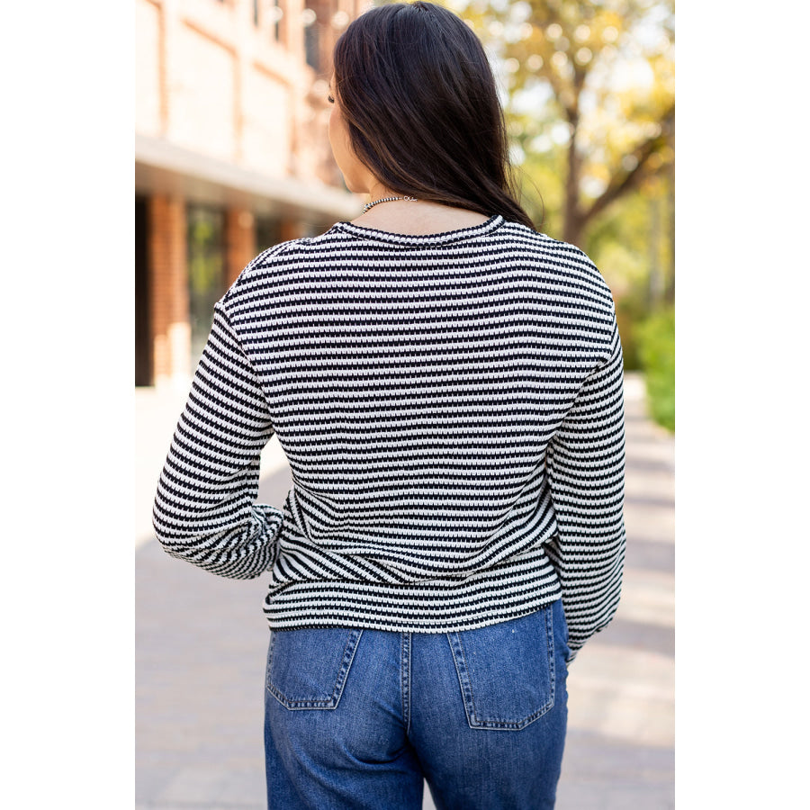 Rose Stripe Round Neck Drop Shoulder Long Sleeve Top Tops/Long Sleeve Tops