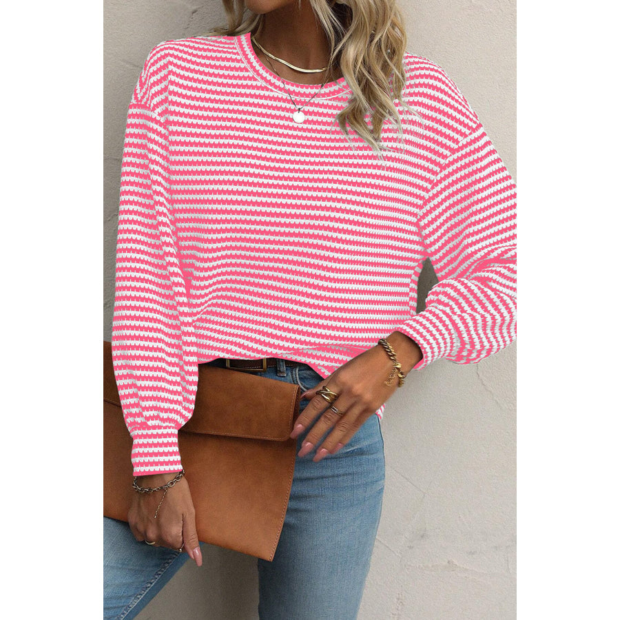 Rose Stripe Round Neck Drop Shoulder Long Sleeve Top Rose Stripe / S / 97% Polyester + 3% Elastane Tops/Long Sleeve Tops