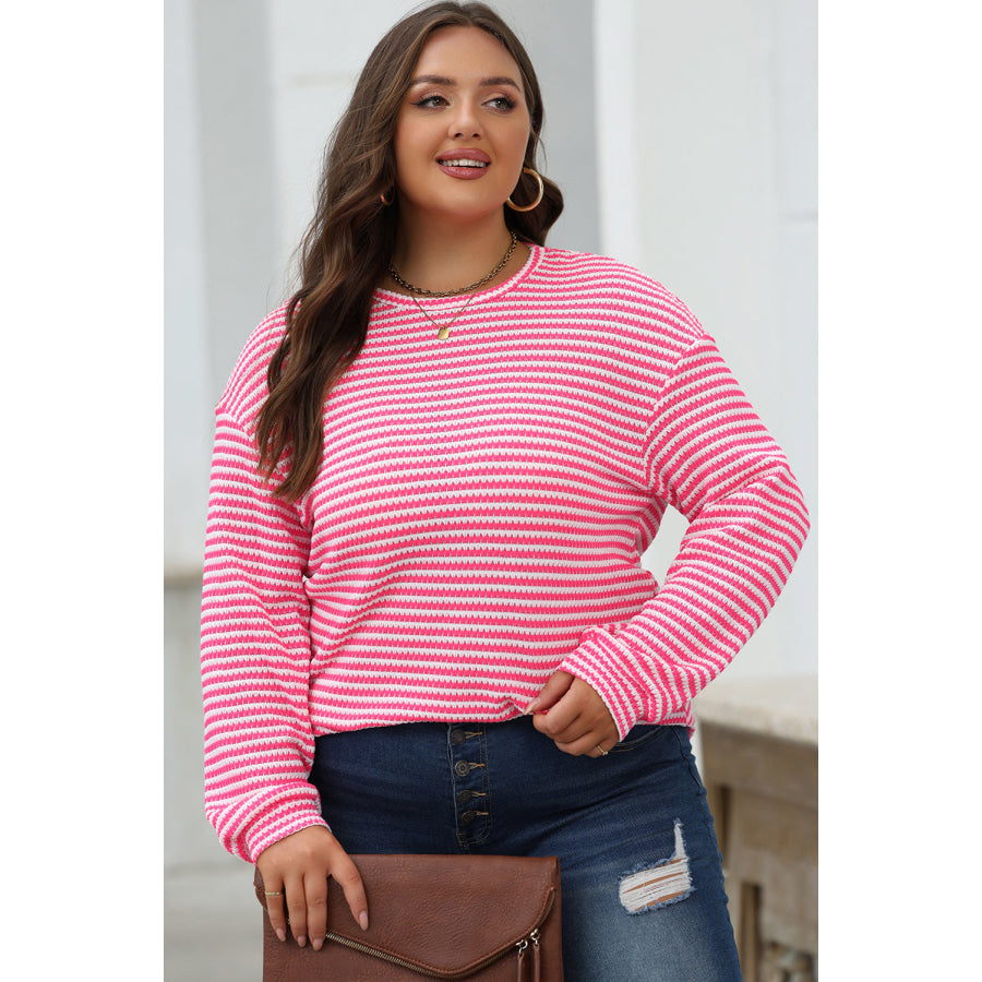 Rose Stripe Round Neck Drop Shoulder Long Sleeve Top Rose Stripe / S / 97% Polyester + 3% Elastane Tops/Long Sleeve Tops