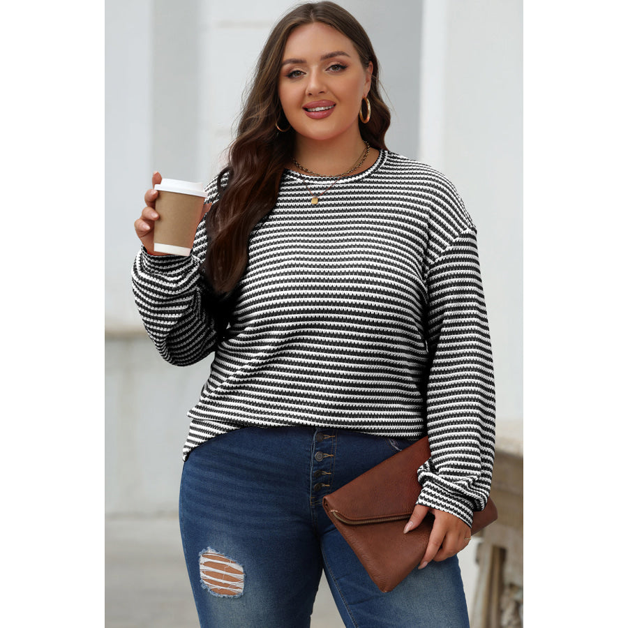 Rose Stripe Round Neck Drop Shoulder Long Sleeve Top Tops/Long Sleeve Tops