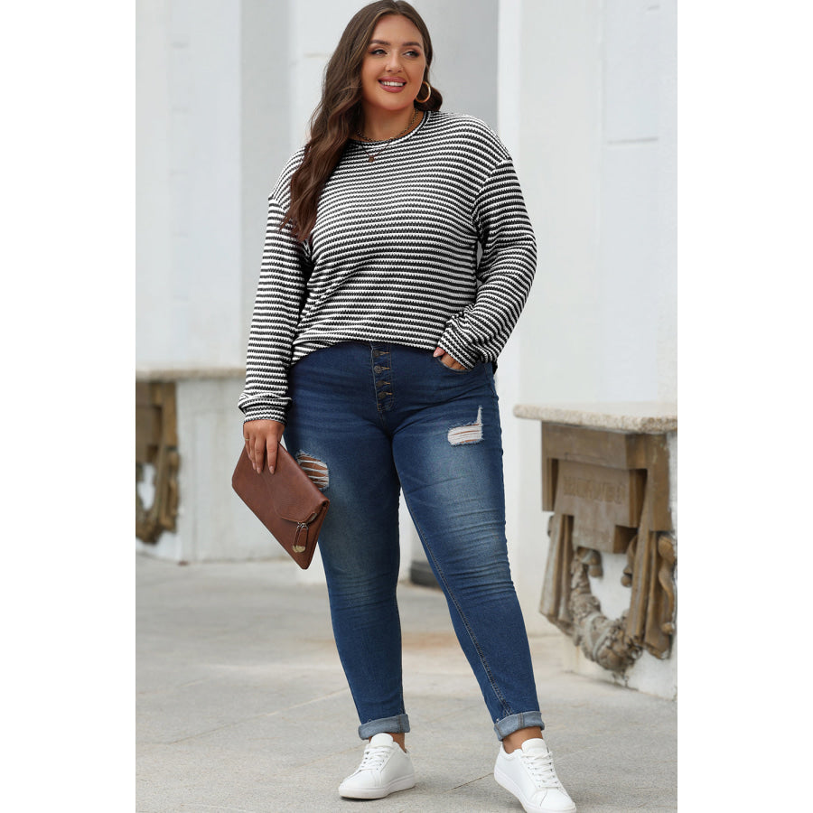 Rose Stripe Round Neck Drop Shoulder Long Sleeve Top Tops/Long Sleeve Tops