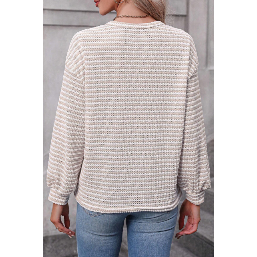 Rose Stripe Round Neck Drop Shoulder Long Sleeve Top Tops/Long Sleeve Tops