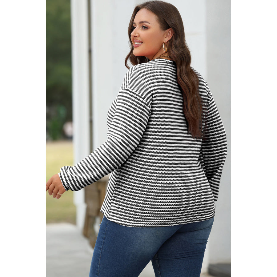 Rose Stripe Round Neck Drop Shoulder Long Sleeve Top Tops/Long Sleeve Tops