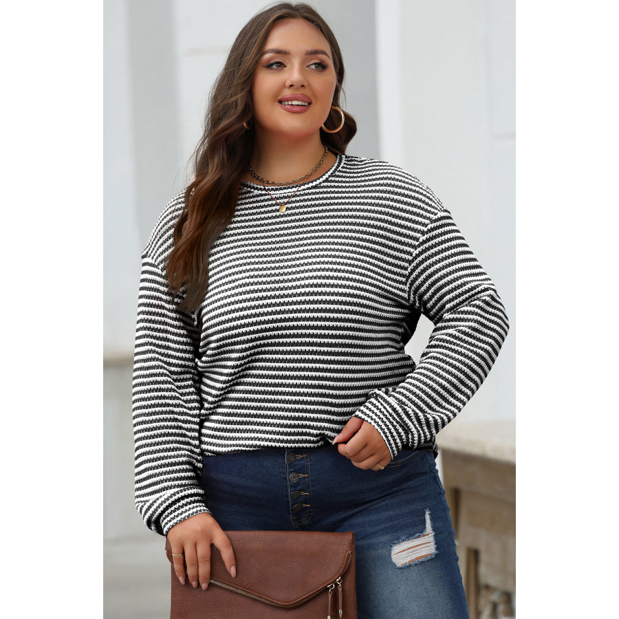 Rose Stripe Round Neck Drop Shoulder Long Sleeve Top Tops/Long Sleeve Tops