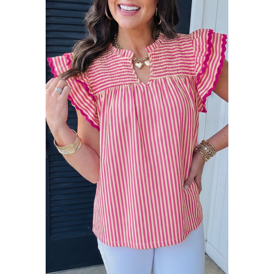 Rose Stripe Shirred Yoke Ruffled Short Sleeve Blouse Rose Stripe / S / 45% Polyester + 45% Cotton + 10% Viscose Tops/Blouses & Shirts