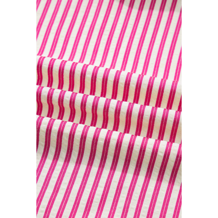 Rose Stripe Shirred Yoke Ruffled Short Sleeve Blouse Tops/Blouses & Shirts