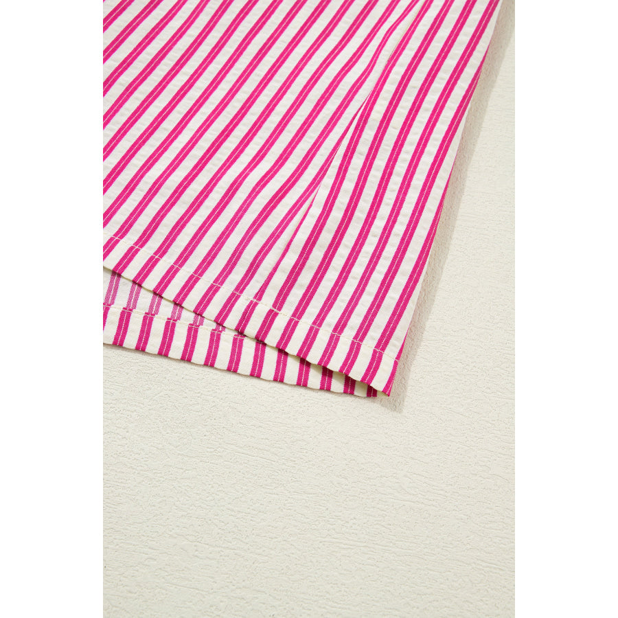 Rose Stripe Shirred Yoke Ruffled Short Sleeve Blouse Tops/Blouses & Shirts
