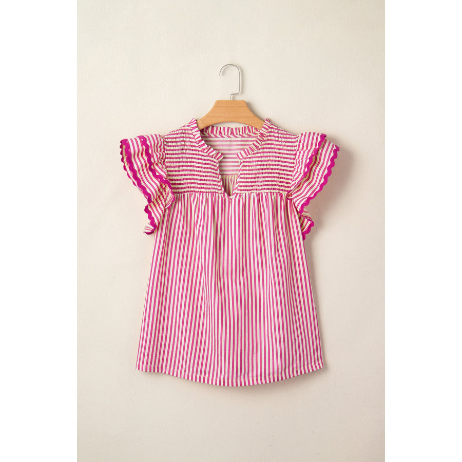 Rose Stripe Shirred Yoke Ruffled Short Sleeve Blouse Tops/Blouses & Shirts