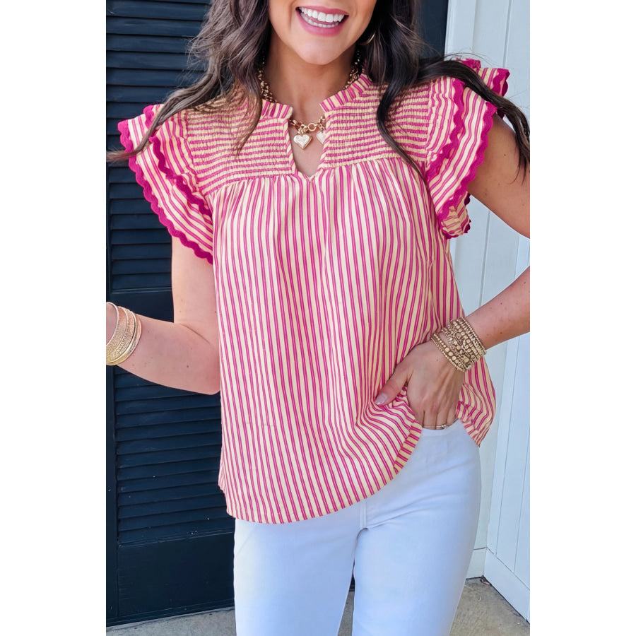 Rose Stripe Shirred Yoke Ruffled Short Sleeve Blouse Tops/Blouses & Shirts