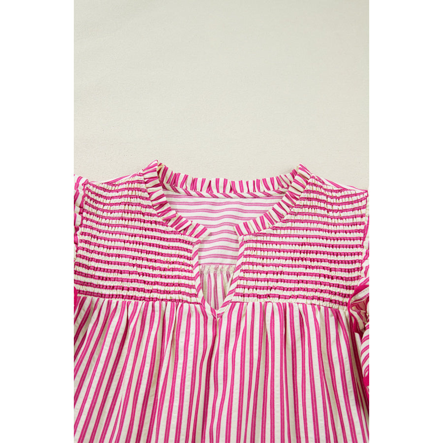 Rose Stripe Shirred Yoke Ruffled Short Sleeve Blouse Tops/Blouses & Shirts