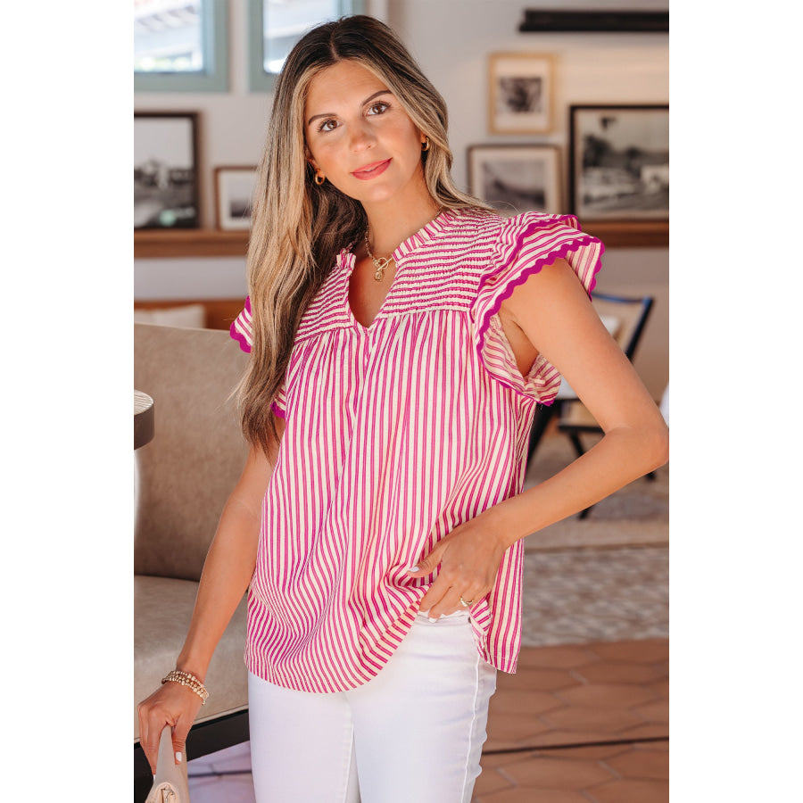 Rose Stripe Shirred Yoke Ruffled Short Sleeve Blouse Tops/Blouses & Shirts