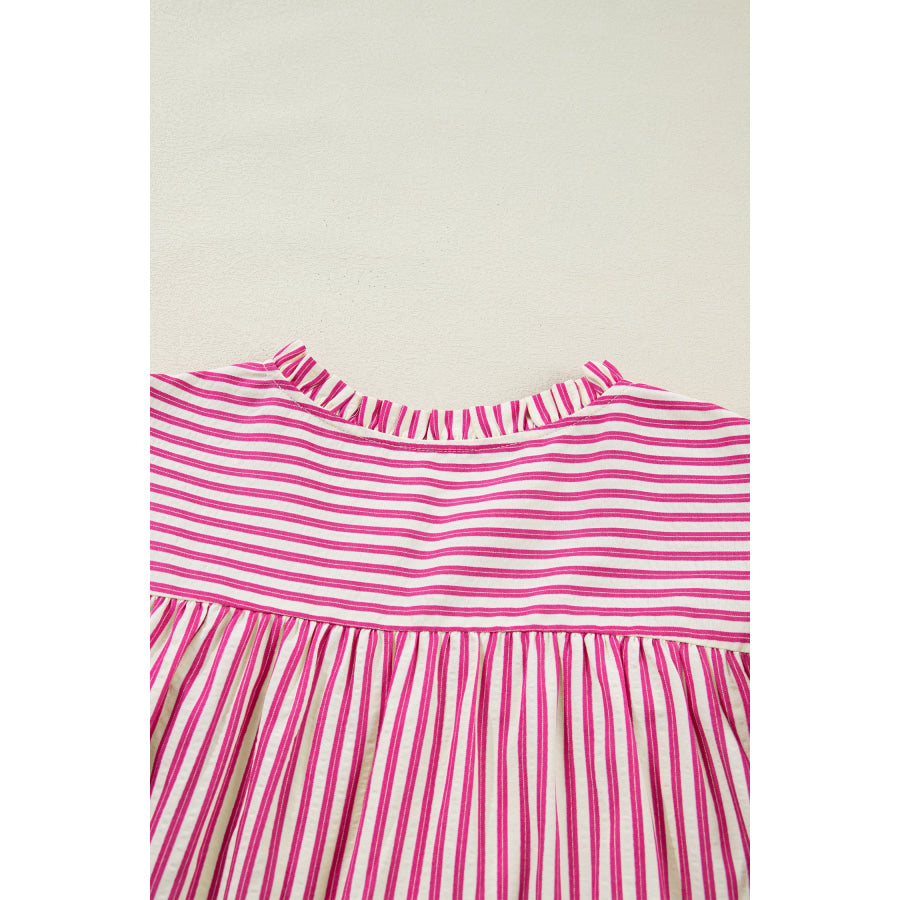Rose Stripe Shirred Yoke Ruffled Short Sleeve Blouse Tops/Blouses & Shirts
