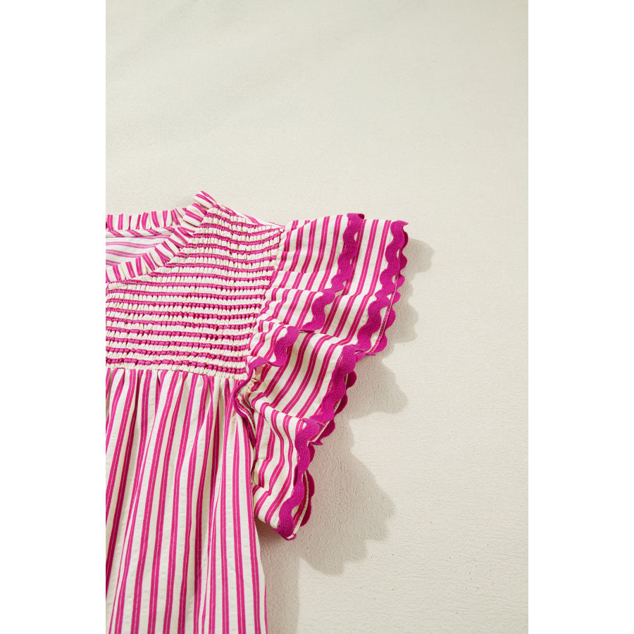 Rose Stripe Shirred Yoke Ruffled Short Sleeve Blouse Tops/Blouses & Shirts