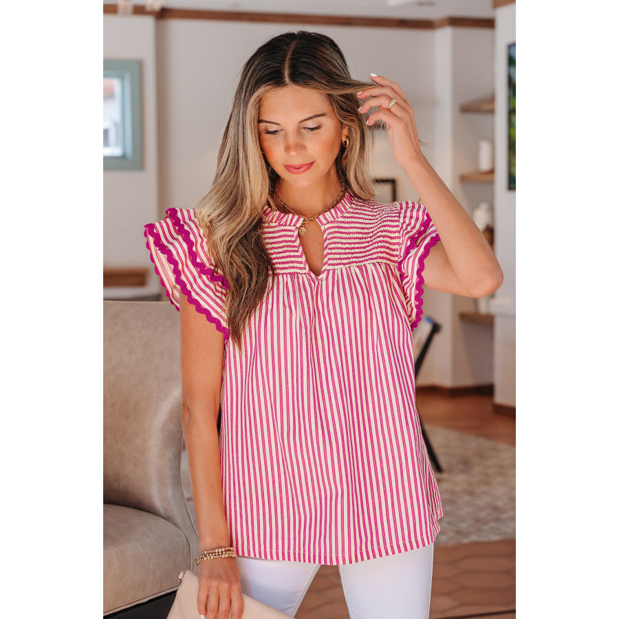Rose Stripe Shirred Yoke Ruffled Short Sleeve Blouse Tops/Blouses & Shirts