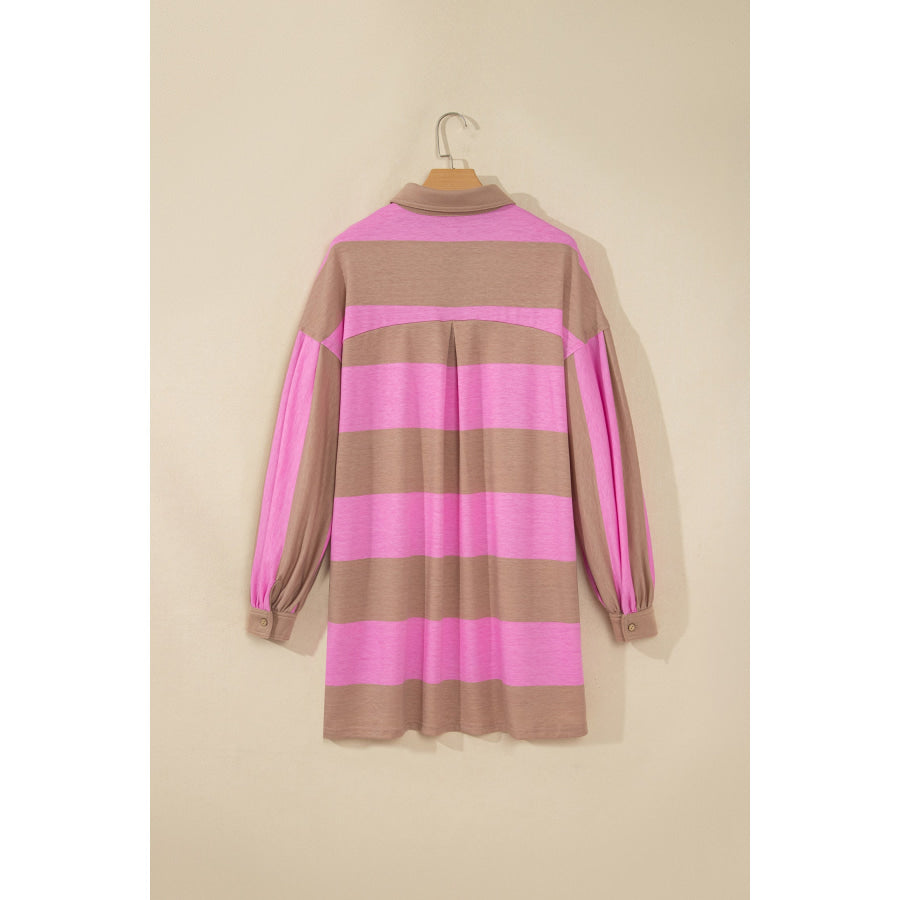 Rose Stripe Striped Button Long Sleeve Short Shift Dress Dresses/T Shirt Dresses