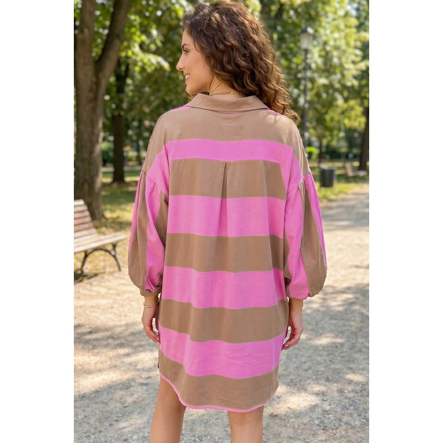 Rose Stripe Striped Button Long Sleeve Short Shift Dress Dresses/T Shirt Dresses
