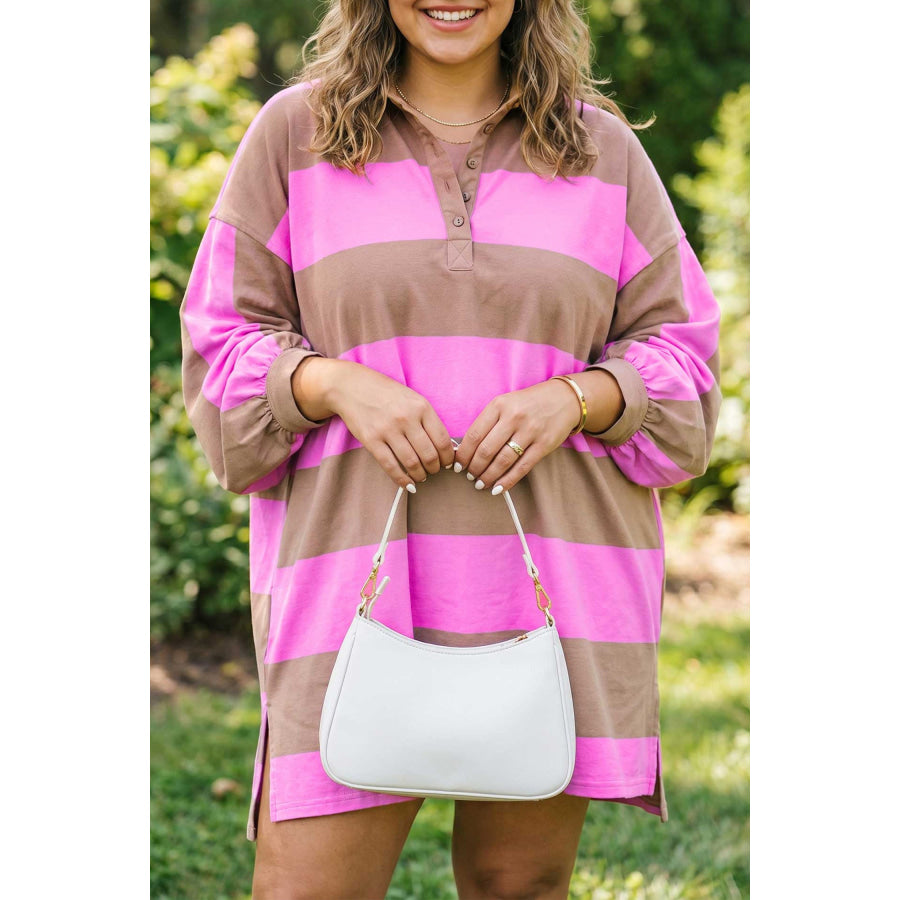 Rose Stripe Striped Colorblock Long Sleeve V Neck Shift Plus Size Dress Rose Stripe / 1X Plus Size/Plus Size Dresses/Plus Size Mini Dresses